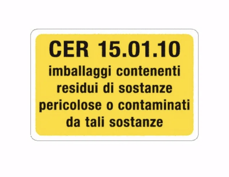 Etichetta gialla per rifiuti col codice CER 15.01.10: imballaggi contenenti residui di sostanze pericolose