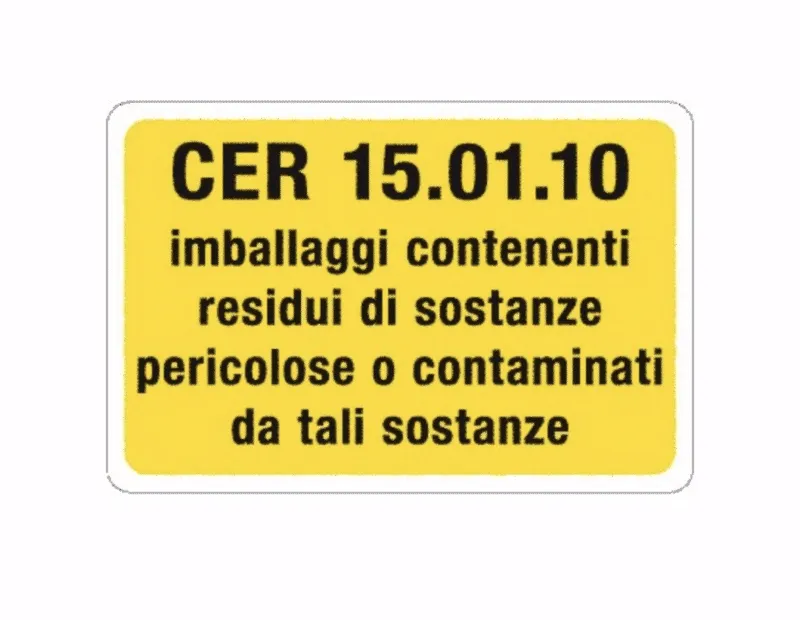 Etichetta gialla per rifiuti col codice CER 15.01.10: imballaggi contenenti residui di sostanze pericolose o contaminati da tali sostanze