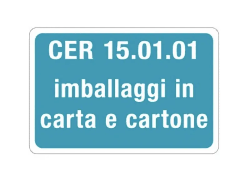 Cartello azzurro con il codice CER 15.01.01, imballaggi in carta e cartone