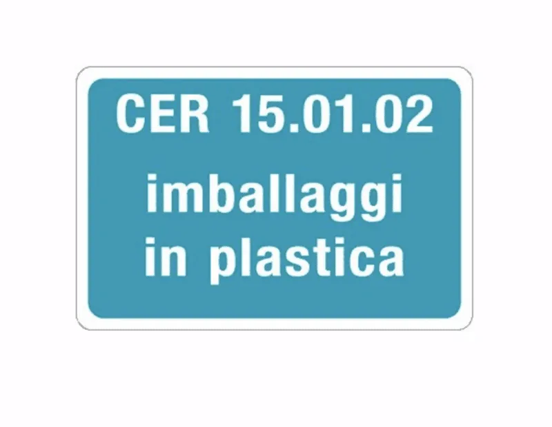 Cartello azzurro con il codice CER 15.01.02, imballaggi in plastica