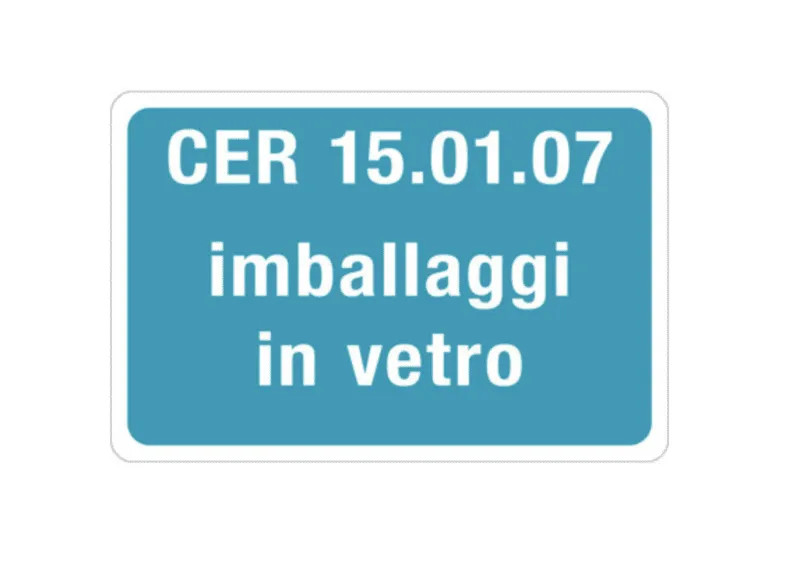 Cartello azzurro con il codice CER 15.01.07, imballaggi in vetro