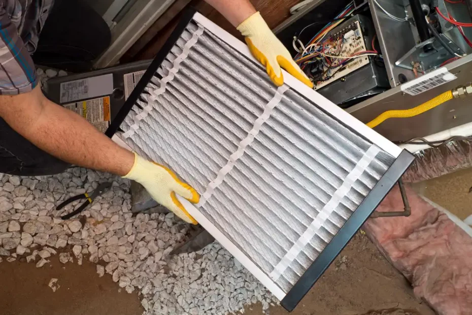 Tecnico con i guanti che rimuove il filtro dell'aria da un impianto di climatizzazione per sostituirlo