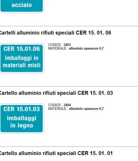 Catalogo di cartelli in alluminio per rifiuti speciali dal codice CER 17.04.02 alluminio al 15.01.02 imballaggi in plastica, con codice articolo