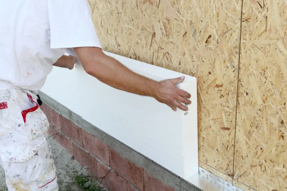 Operaio che applica un pannello di polistirolo per il cappotto termico sulla parete esterna di un edificio