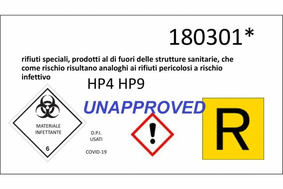 Cartello per il codice CER 180301 sui rifiuti a rischio infettivo, con i pittogrammi di materiale infettante e di pericolo