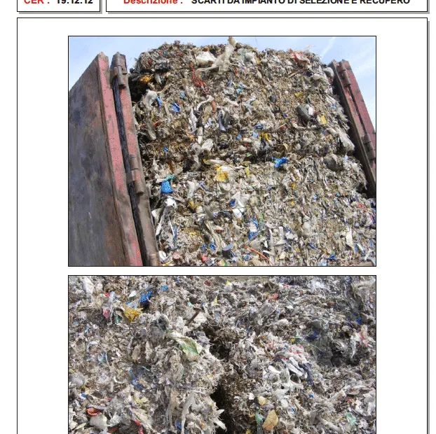 Scheda di controllo dei rifiuti ammessi in discarica con due foto del conferimento del CER 19.12.12, scarti da impianto di selezione e recupero