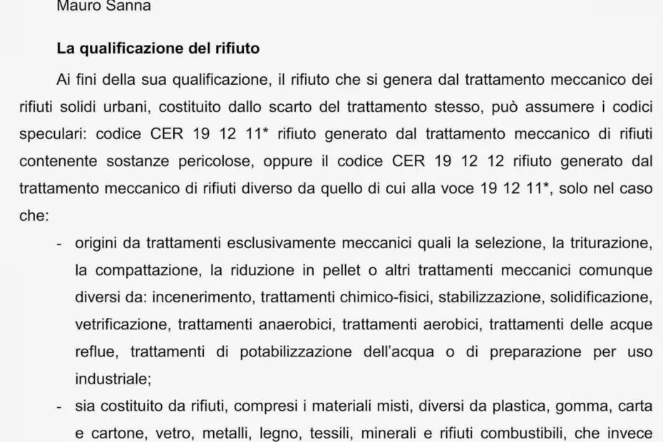 Pagina di un articolo tecnico sulla gestione del rifiuto con codice CER 191212 e sui codici speculari 19 12 11 e 19 12 12