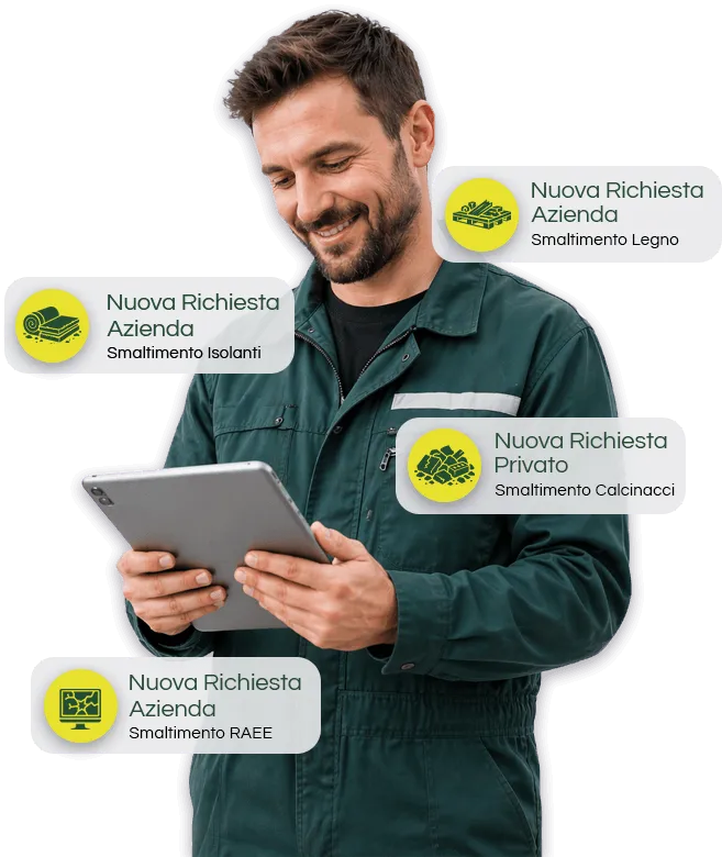 immagine di operatore smaltimento sorridente con tablet in mano e notifiche per le richieste di smaltimento