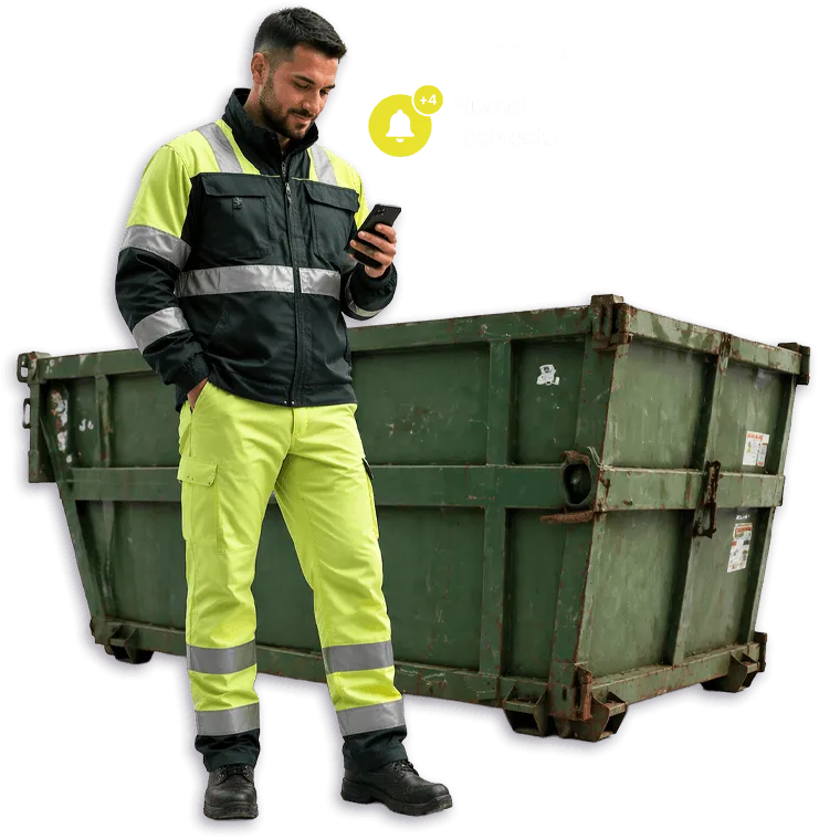 operatore smaltimento rifiuti con cellulare in mano e cassone alle spalle e icona notifiche richieste smaltimento