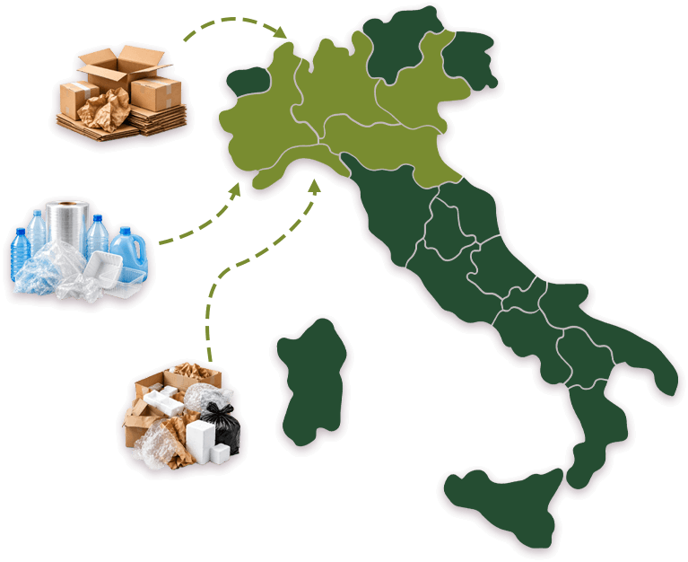 grafica mappa italia con zone evidenziate per lo smaltimento e piccole immagini di imballaggi
